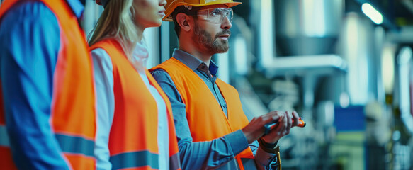 Industrial workers in safety vests and hard hats collaborating on a project, engineer, industrial, safety, construction, factory, building, development, architect, production - obrazy, fototapety, plakaty