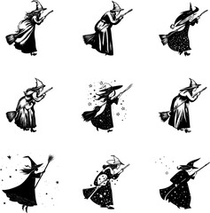 page of nine illustrations with on a broom icons line art isolated on white