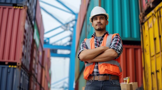 Hispanic man harbor worker and control loading containers at container warehouse. container yard port of import and export goods, container, import and export goods, industrial, transportation