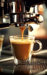 Coffee machine making cappuccino in glass cup, closeup