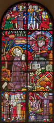 BERN, SWITZERLAND - JUNY 27, 2022: The St. Nicholas of Flue on the stained glass in the church Dreifaltigkeitskirche by A. Schweri (1938).