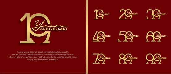 Fototapeta na wymiar set of anniversary logo gold color on red background for celebration moment