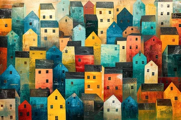 Poster Illustration of a city with lots of simple colorful houses, simplistic style © hellame