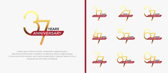 set of anniversary logo gold color and red ribbon on white background for celebration moment