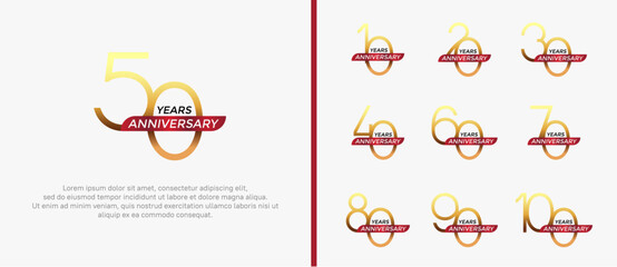 set of anniversary logo gold color and red ribbon on white background for celebration moment