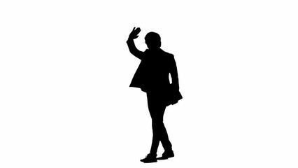 Portrait of male model in studio isolated on white background with alpha channel. Silhouette of businessman in suit walking waving hand greets people