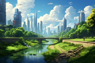Skyscrapers enveloped in lush greenery, separated by a flowing river, against a backdrop of cloudy skies. Generative AI