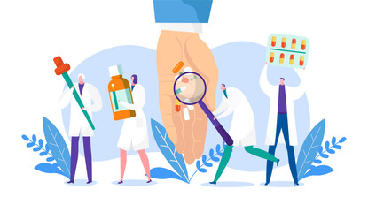 Medicine research concept, vector illustration. Medical laboratory make pharmaceutical test by chemistry science. Man woman doctor character use flat equipment for pharmacy drug test.