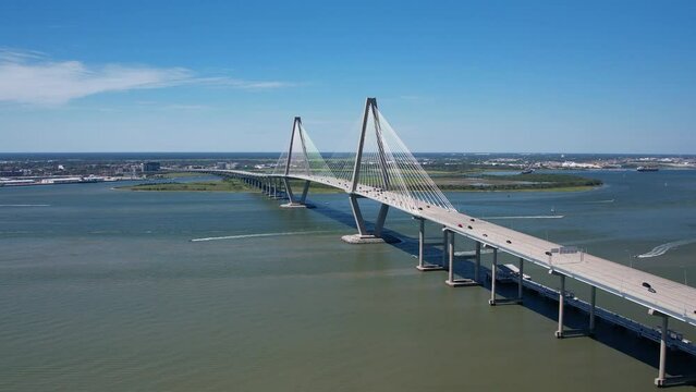 Aerial of the Arthur Ravenel Jr. Bridge, Charleston, South Carolina.