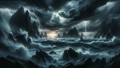 Twilight Fury Over Raging Seas - obrazy, fototapety, plakaty