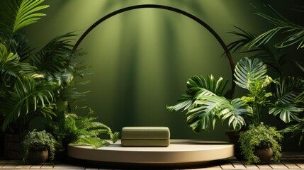 podium product stand or display with leaf, green background and cinematic light