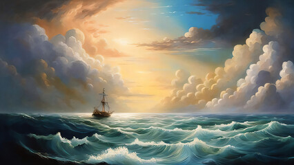 Dramatic seascape captures ship navigating tumultuous waves under cloudy sky. Ethereal glow from sunlight piercing clouds illuminates sea, highlighting wave crests. Birds seen in distance