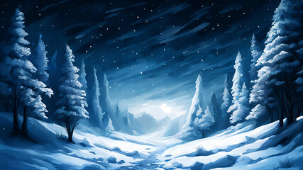 Serene winter landscape captures tranquility of snow-covered pine forest under starry night sky. Full moon’s soft glow illuminates snowy wilderness, creating peaceful scenery. Cold, frosty