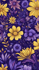 floral pattern fills frame with lush blossoms leaves. Dominant purple yellow hues pop against dark background. Intricate details hint daisy-like flowers budding plants