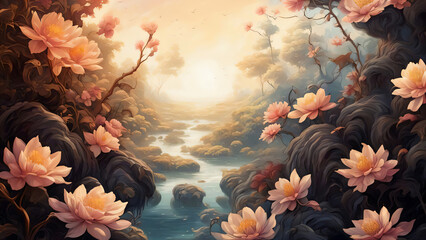 Serene nature's beauty blooming flowers with delicate petals, tranquil river reflecting golden sunset, ethereal rocks surrounded blossoms, peaceful atmosphere evokes, enchanting landscape