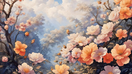 Obraz na płótnie Canvas landscape flowers bloom in lush garden, showcasing nature's beauty. Soft petals of orange and pink stand out against dark branches. Serene sky filled with fluffy clouds adds to ethereal mood