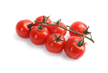 Branch of red roasted cherry tomatoes isolated on white