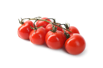 Branch of red roasted cherry tomatoes isolated on white