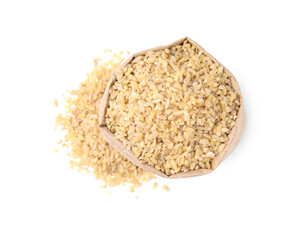 Raw bulgur in paper bag isolated on white, top view