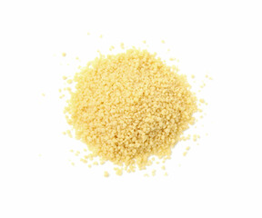 Pile of raw couscous isolated on white, top view