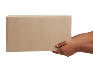Courier with parcel on white background, closeup