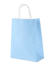 One light blue paper shopping bag isolated on white
