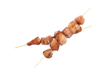 Delicious shish kebabs isolated on white, top view