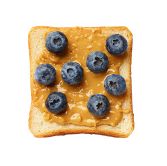 Delicious toast with peanut butter and blueberries isolated on white, top view