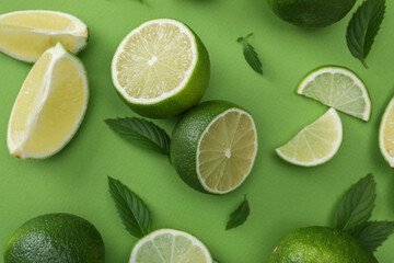 Flat lay composition with fresh limes and leaves on green background