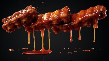 A 3D render of pork ribs suspended mid-air, dripping with flavorful barbecue sauce. - obrazy, fototapety, plakaty