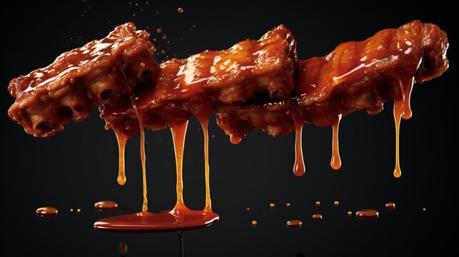 A 3D render of pork ribs suspended mid-air, dripping with flavorful barbecue sauce.