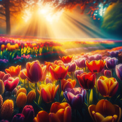 Painting of Sunlit Tulip Field Amidst Trees