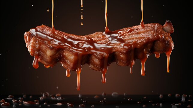 A 3D render of pork ribs suspended mid-air, dripping with flavorful barbecue sauce.