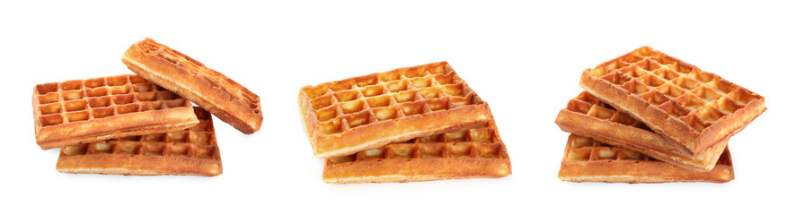Tasty Belgian waffles isolated on white, collection
