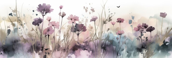 Floral Watercolor Background. Springtime Poppy Flowers Artistic Beautiful Banner. Tender Florals Watercolor Wallpaper Texture. - obrazy, fototapety, plakaty
