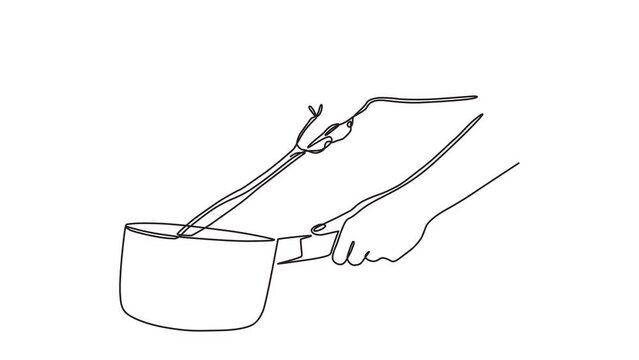 Continuous one line animation. Hand drawn animated motion graphic element of a chef's hand
holding a frying pan preparing food. Cooking action concept. 4k videos