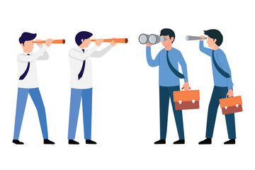 Set of Businessman look future with telescopes