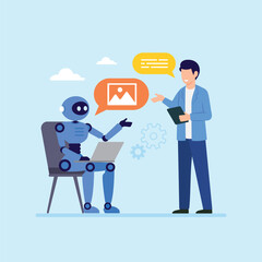 Human and Robot Artificial Intelligence cooperation and collaboration on job position vector cartoon illustration