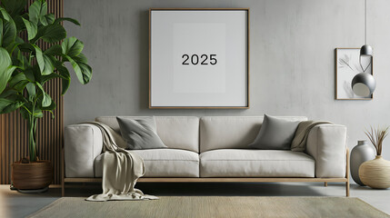 Future in Style: 2025 Poster Frame Mock-Up in Modern Living Room