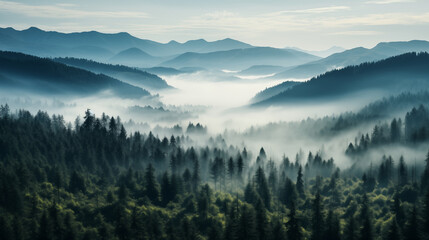 Mystical Canopy: Aerial View Captures Enchanting Foggy Coniferous Forest