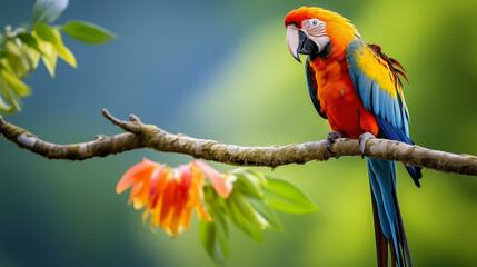 Parrot Haven: Macaw on Tree Branch, Full Body, Full Tail Glory