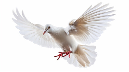 A free flying white dove isolated on white background. AI Generative