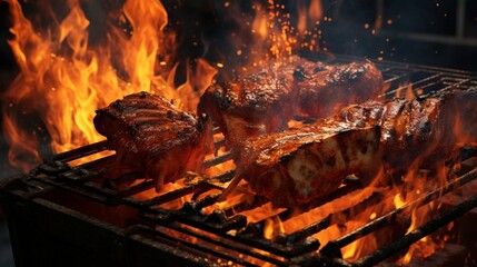A 3D scene showcasing the grilling process, with flames licking the surface of the pork ribs.