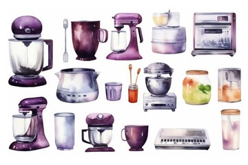 Kitchen appliances that can bake, heat food, mix various substances, mince, keep products fresh and mix ingredients. Watercolor style.