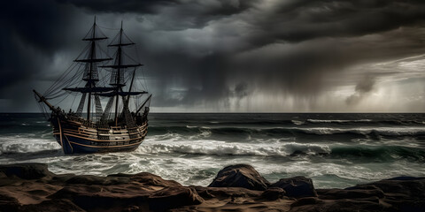 A stormy sky and a pirate ship - obrazy, fototapety, plakaty