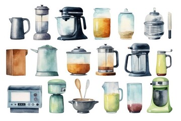 Custom vertical slats for kitchen with your photo Kitchen appliances that can bake, heat food, mix various substances, mince, keep products fresh and mix ingredients. Watercolor style.
