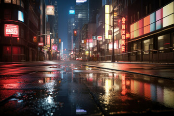 Fototapeta na wymiar Building urban street wet night road rain traffic light architecture people dark city