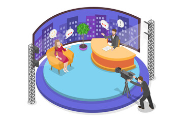 3D Isometric Flat  Conceptual Illustration of Talk Show, Broadcasting Room Interior