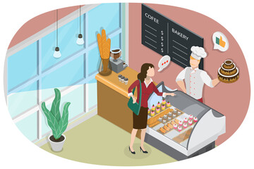 3D Isometric Flat  Conceptual Illustration of Bakery Shop, Inside Interior