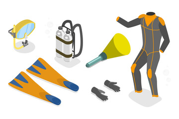 3D Isometric Flat  Set of Scuba Diving Equipment, Underwater Swiming